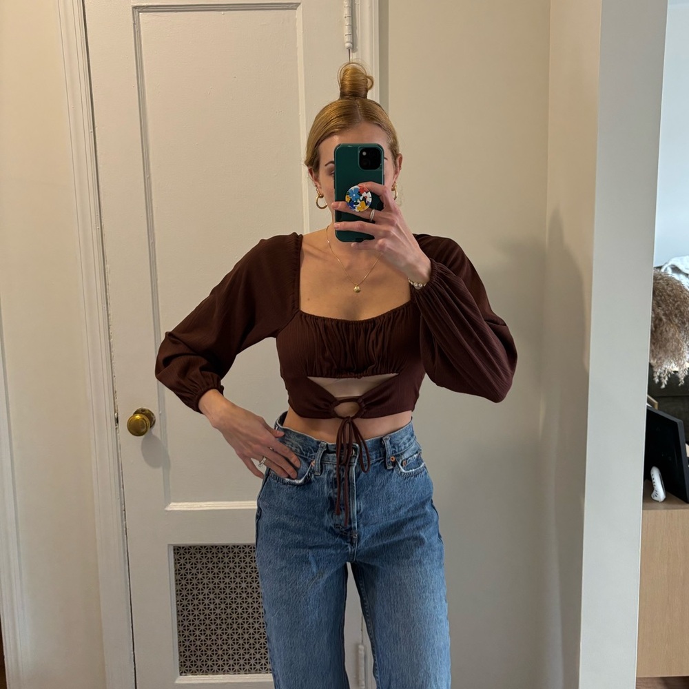 NWT Forever 21 brown front tie crop top blouse